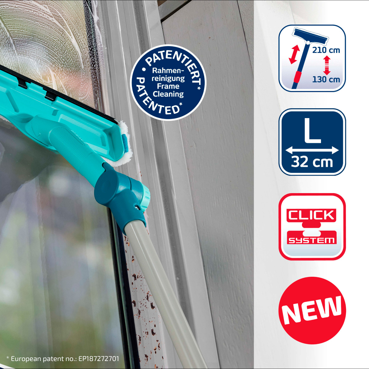 Щетка Leifheit W&F Cleaner L для мытья окон с губкой и телескопической ручкой, 130-210см фото 5